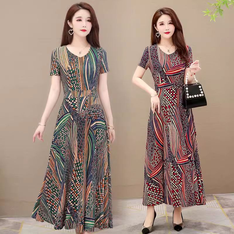 plus size 200kg printed dress women's summer mother's loose long large skirt temperament knee-length skirt