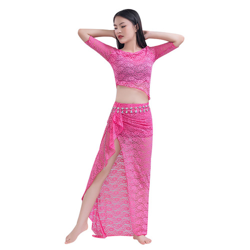 New autumn belly dance practice clothes plus size sexy slimming lace oriental dance performance clothes off-the-shoulder open skirt