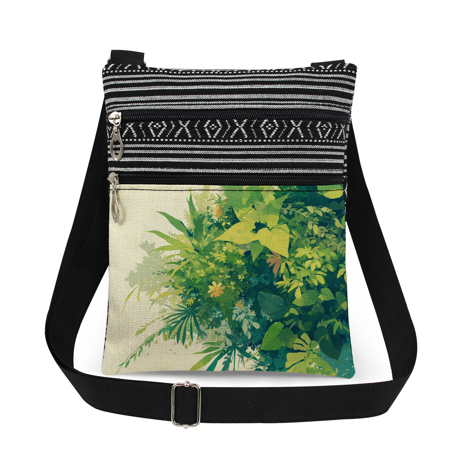 新款自然绿叶印花单肩包女 植物印花双拉链斜挎包 出行轻便女包