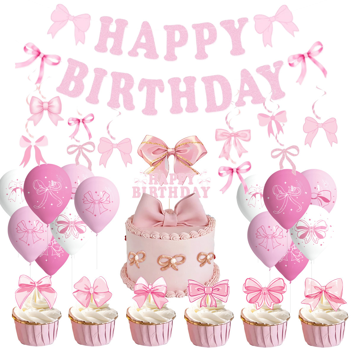 pink Bow Birthday Party Supplies Spiral Flag Balloon Scene Layout suit Valentine's Day Triangle