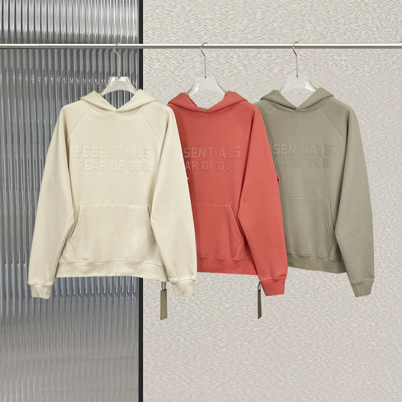 Essentials Hoodie with Double Lines on the Chest and Same-Color Flocked Letters High Street Hooded Sweatshirt Loose Casual Youthful Men Essentials Hoodie with Double Lines on the Chest and Same-Color Flocked Letters High Street Hooded Sweatshirt Loose Casual Youthful Men