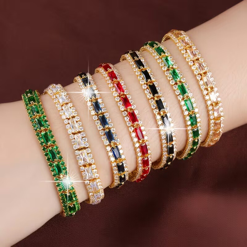 New model inlaid with three rows of colorful zircon tennis hip-hop bracelet, fashionable, simple, light luxury, unisex bracelet