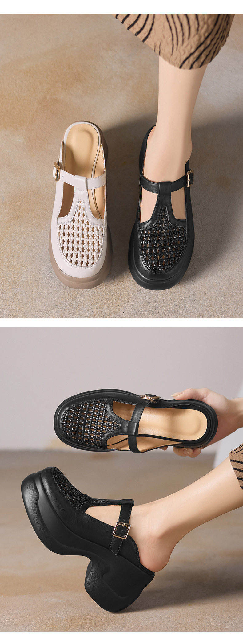 Dép sandal cao gót nữ quai đan gót thô đế dày 9.5 cm — đen chi tiết 3
