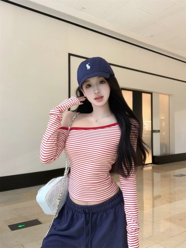 粉色条纹斜肩长袖T恤女装秋季纯欲风收腰修身紧身短款小个子上衣|undefined