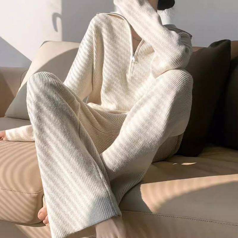 Autumn and Winter Fashionable High-End Knitwear Suit for Women, Lazy Style Zipper Lapel Knitwear, High-Waisted Wide-Leg Pants Two-Piece Set