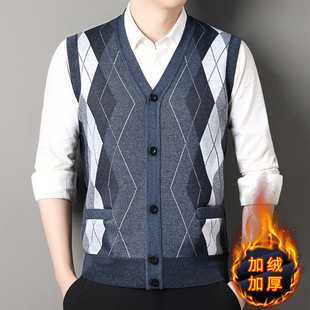 Cross-border New Autumn and Winter Single-breasted Plaid Fit Daily Men's Collarless fleece-lined Thickened Cardigan Vest Vest