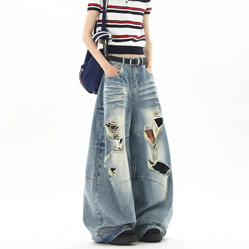 Men Women Washed Whiskering Ripped Jeans Street Style Summer New Retro Cool Scimitar Wide Leg Trousers_mkmklike.com