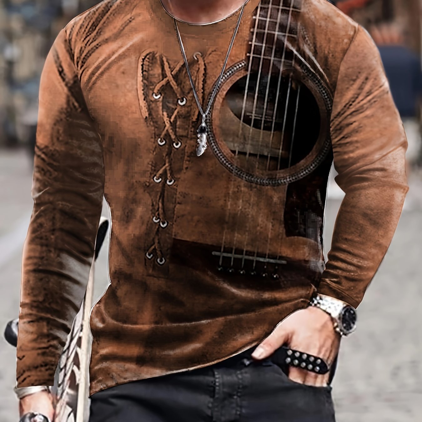 2022 retro hombres 3D digital placket abierto de siete botones Camiseta de manga larga de los hombres de guitarra patrón transfronterizo estación independiente