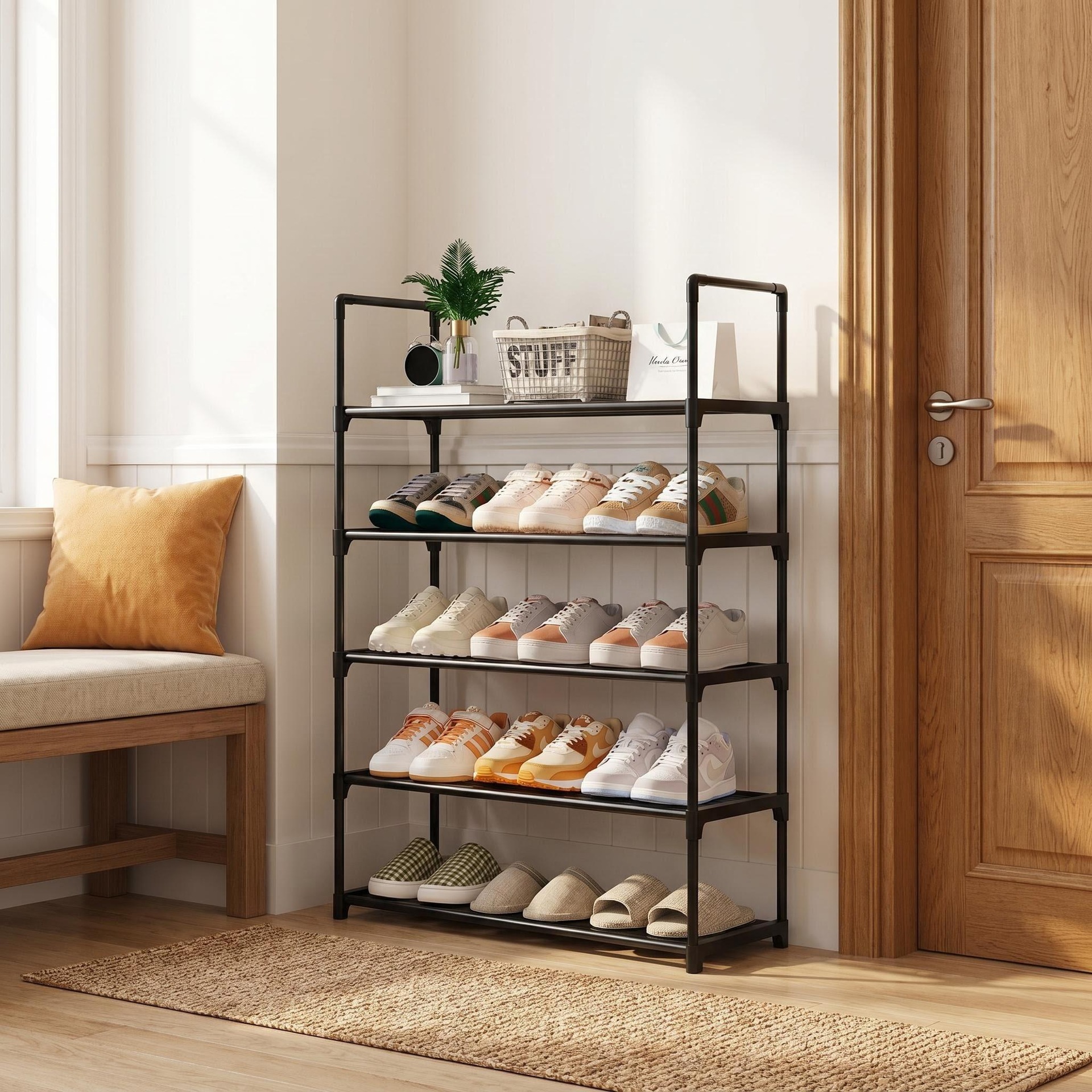 Estante de zapatos simple puerta doméstica multicapa interior hermoso alquiler zapatos armario dormitorio estrecha puerta de entrada pequeña fuerte image 4