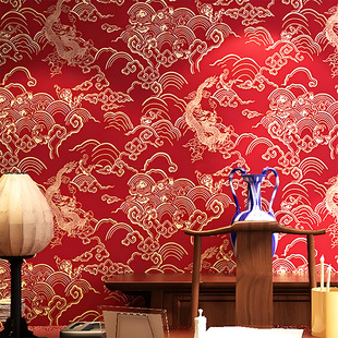 Chinese Red Wallpaper Dragon Pattern Chinoiserie Classical Zen Teahouse Teahouse Restaurant Small Restaurant Decoration Wallpaper