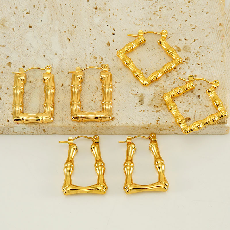 Europeo y americano retro Otoño e Invierno bambú textura pendientes nicho diseño temperamento geométrico en forma de U cuadrado pendientes de acero inoxidable
