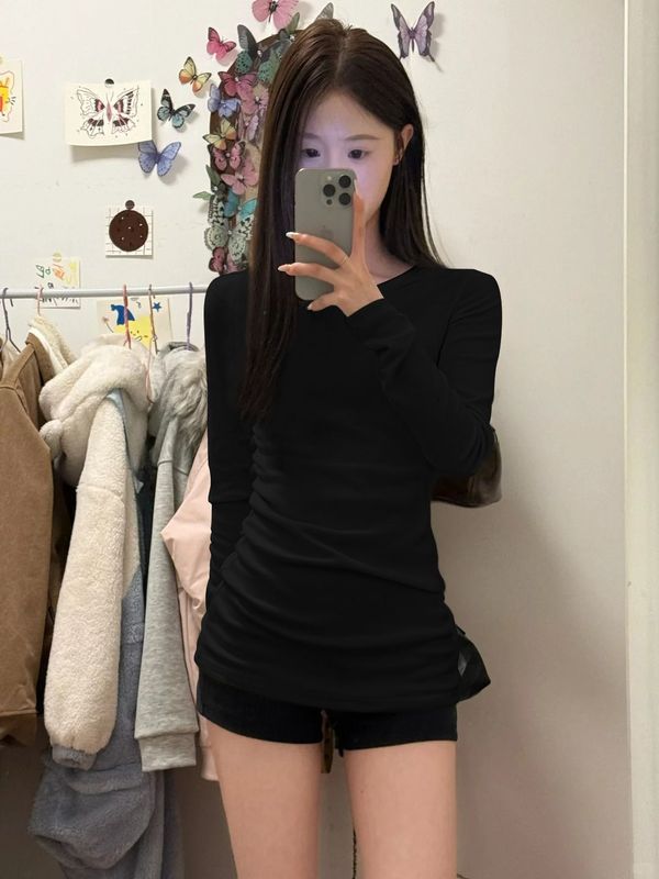 韩系中长款白色正肩长袖T恤女春秋冬新款内搭打底衫修身上衣批发|undefined