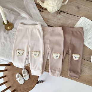 Autumn Korean-Style Waffle Bear Pants for Infants and Toddlers, Cute and Fashionable Harem Pants Suitable for Wearing Outside