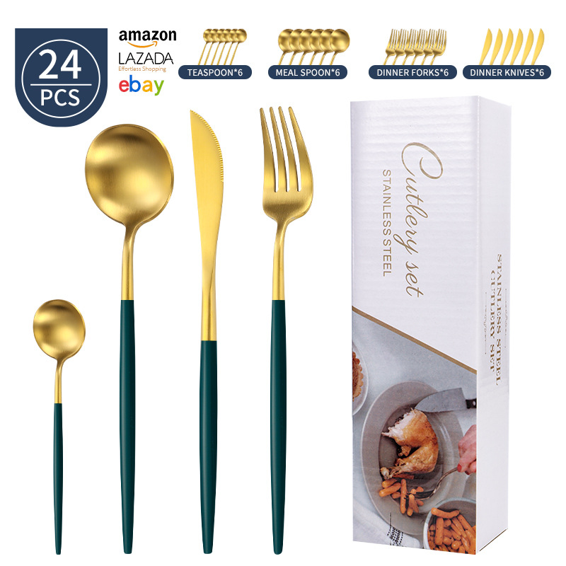 Transfronterizo Amazon mango redondo portugués cuchillo y tenedor cuchara set de platos de acero inoxidable mate cuchillo y tenedor de filete set 24 piezas