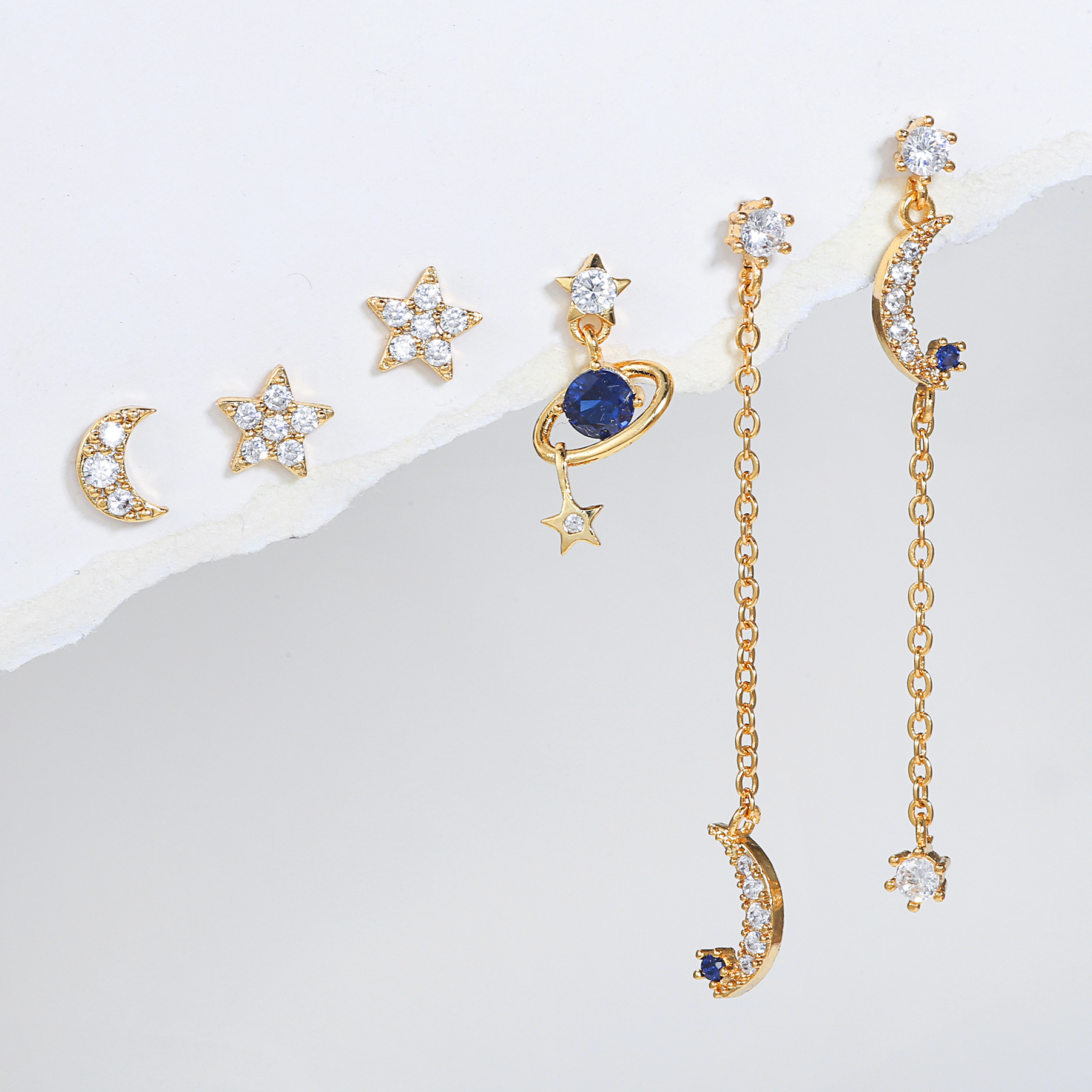 Fashion Star Moon Copper Inlay Zircon Drop Earrings 5 Pieces