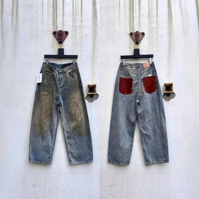 Top Three-Label 25 New Niche Ac Designer Distressed Pocket Patchwork Leather Jeans American Cross-Border Exclusive Supply