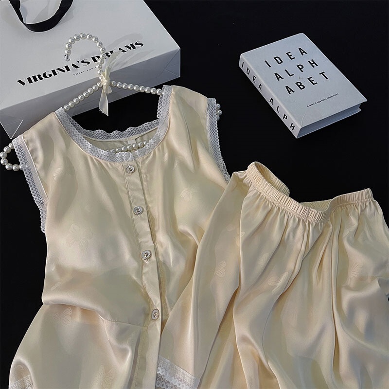 Ice Silk Sleeveless Pajamas for Women, Summer Lace-Trimmed Simple Style, High-End Feel, Petite Tank Top and Shorts Loungewear Set Ice Silk Sleeveless Pajamas for Women, Summer Lace-Trimmed Simple Style, High-End Feel, Petite Tank Top and Shorts Loungewear Set