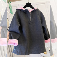 时尚高级感半拉链撞色连帽大版毛呢卫衣女胖妹妹秋冬季宽松上衣潮