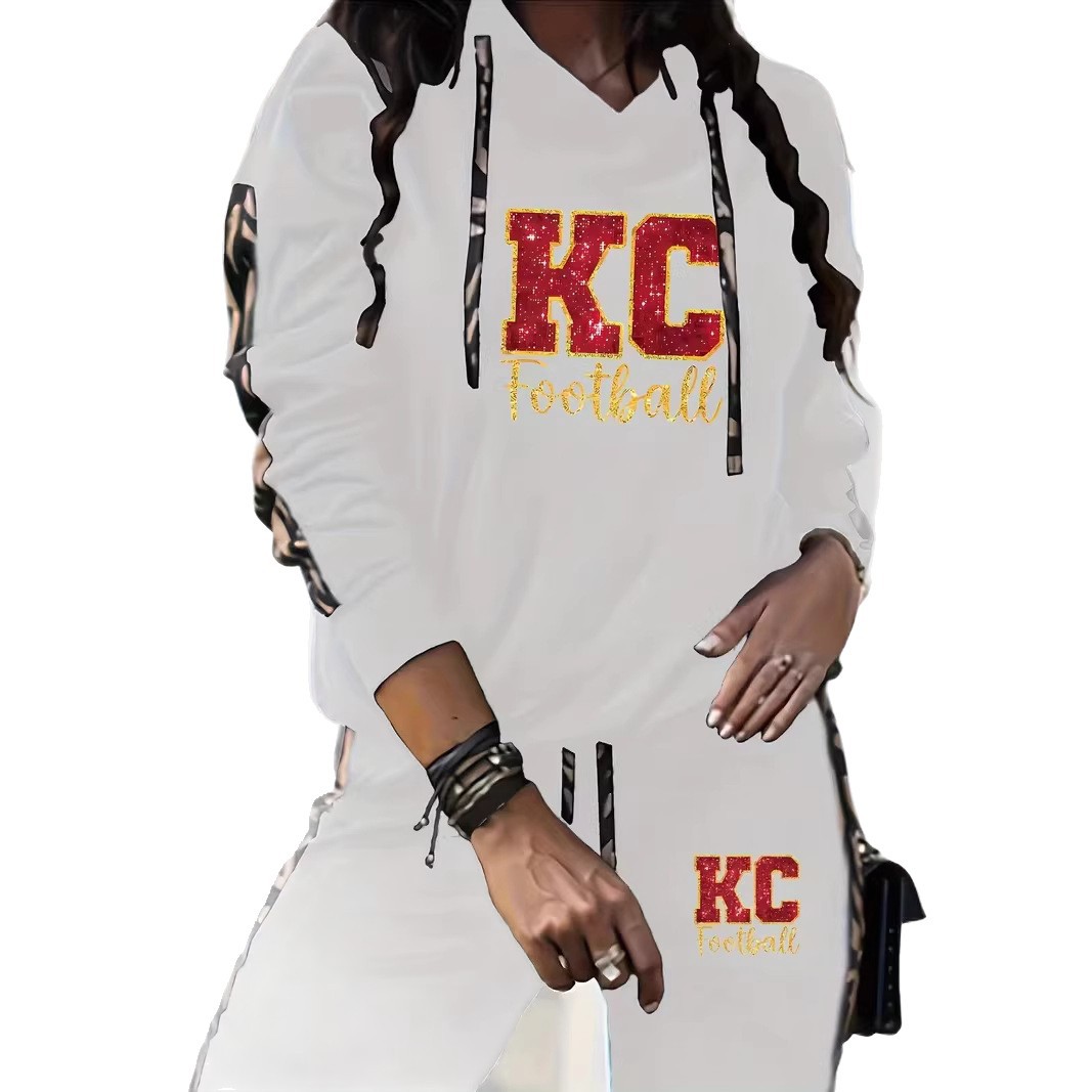 Women's Casual KC Logo Print Hooded Long Sleeve Sweatshirt And Jogging Pants Set Loose Fitting Comfortable 0051 Print_ecoleips.com