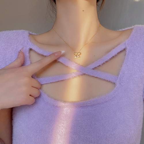South Korea Dongdaemun 925 sterling silver bow necklace women's light luxury ins niche versatile bestie clavicle chain Xiaohongshu