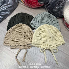 ins时髦镂空手工钩织包头帽女26春季系绳百搭透气显脸小套头帽子