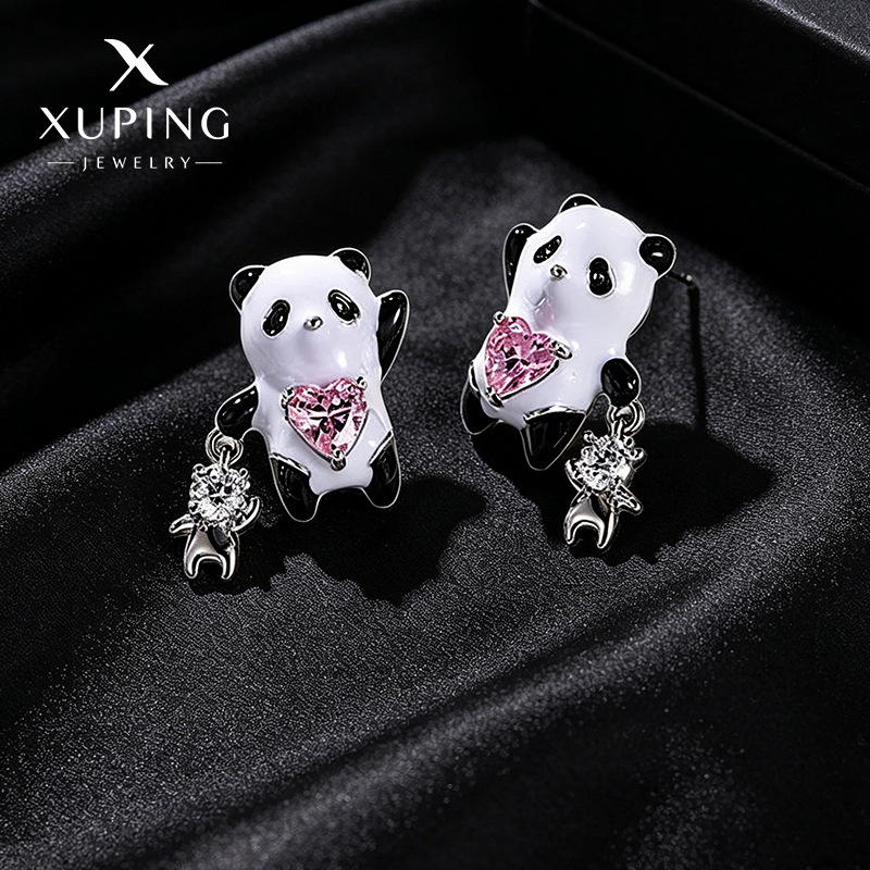 Xuping aleación de cobre recubierta de aceite blanco serie de pendientes panda incrustados de zircon colorido nicho de diseño de pendientes