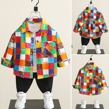 儿童春秋款彩格衬衫2024春季新款中小童男宝宝时髦衬衣外贸童装潮