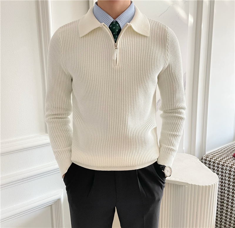 British Men's Long-Sleeved Half-Zip Polo Lapel Knitwear Pullover Waffle Fabric Slim Pure Color Wool Top