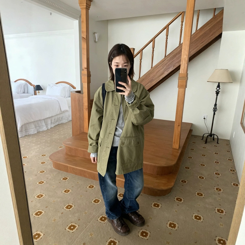 oheshi* Vintage Washed Distressed Workwear Jacket Korean Designer Women's Single-Breasted Denim Korean Style Jacket oheshi* Vintage Washed Distressed Workwear Jacket Korean Designer Women's Single-Breasted Denim Korean Style Jacket