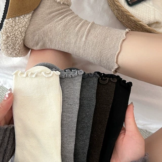 羊毛袜子女木耳边中筒袜秋季新款日系堆堆袜女袜百搭配勃肯鞋棉袜