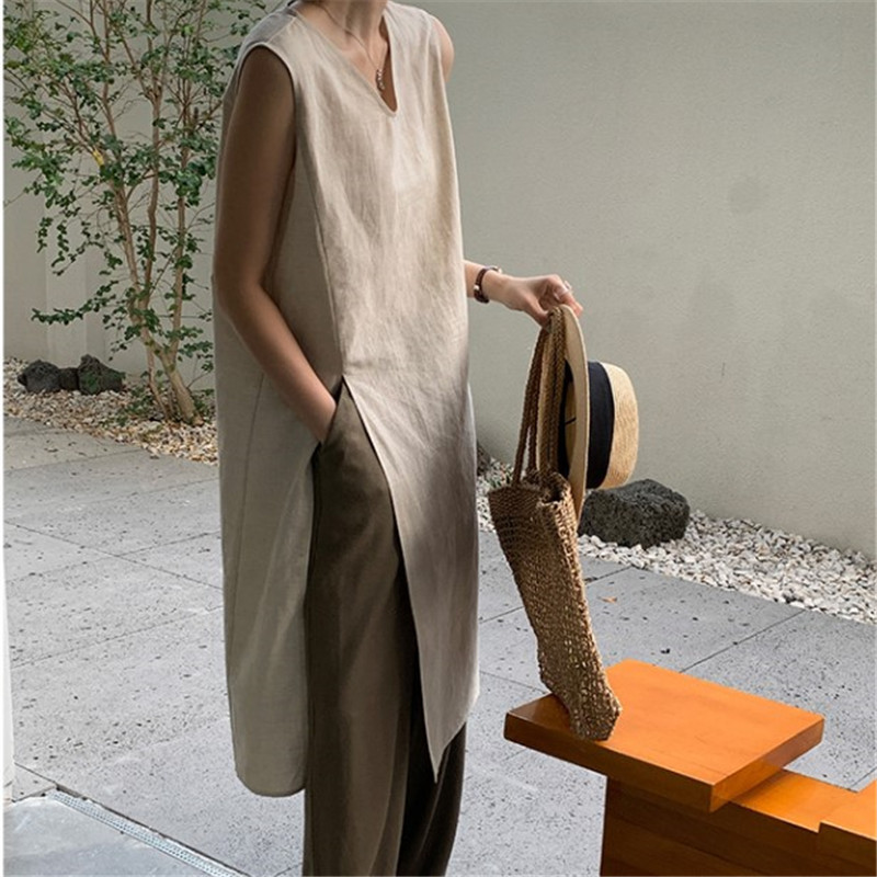 Summer Linen Slit Dress, Sleeveless Simple Collared Tank Dress, Over-The-Knee Shirt Dress, Women's Cotton-Linen Dress Summer Linen Slit Dress, Sleeveless Simple Collared Tank Dress, Over-The-Knee Shirt Dress, Women's Cotton-Linen Dress