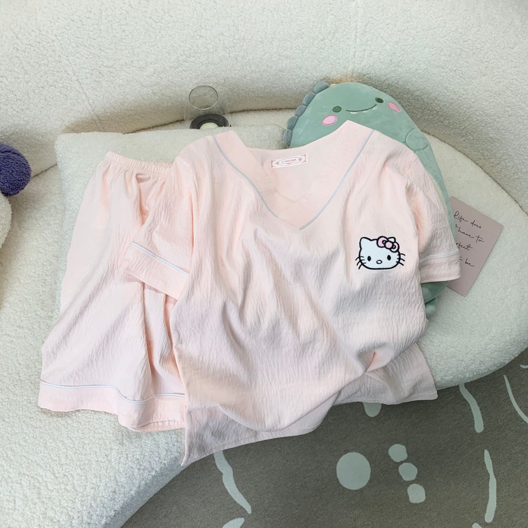 Al por mayor transfronterizo nuevo pijama dulce de verano nubes de algodón impresión de dibujos animados de cuello V hoodie set de ropa para el hogar