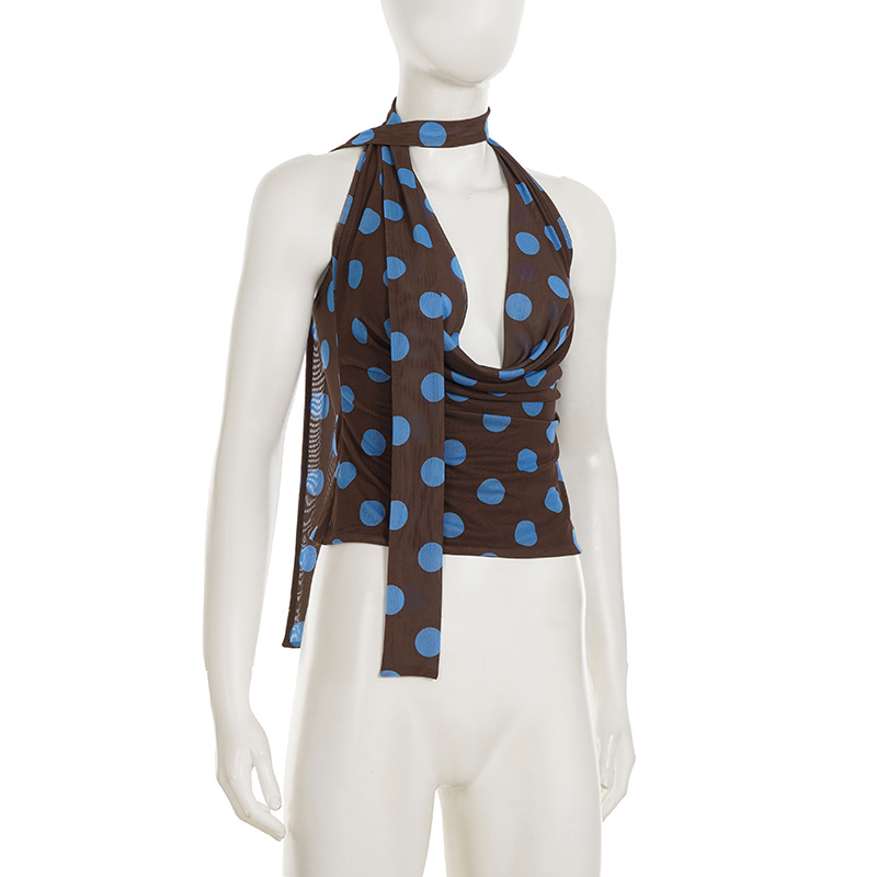 Polka Dot Print Swing Collar Small Sling Sexy Big Backless Scarf Lace up Vest Top for Women