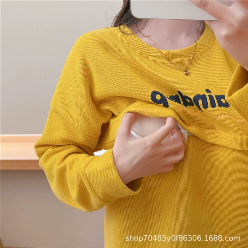 Реальный выстрел новый круглый вырез весна-осень горизонтальная молния удобный свитер для кормления 9250