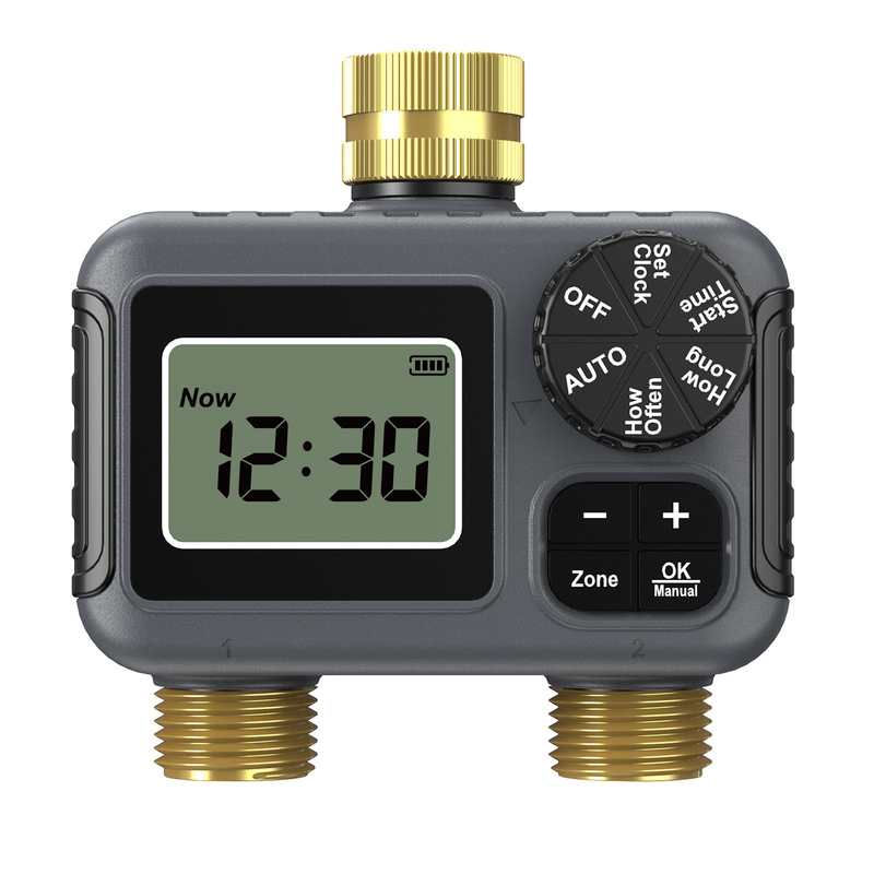 Copper-Head Smart Irrigation Timer with Dual Outlet Water Valves for Outdoor Courtyard Smart Watering Automatic Irrigation Device