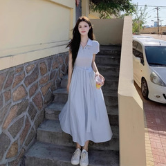 韓国ポロカラーストラップ半袖ドレス女性の夏ニッチウエストユニークな美しいブルーaラインロングスカート