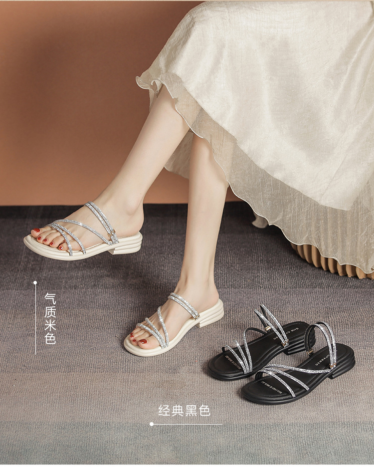 Sandal nữ đế bệt quai mảnh đính đá phong cách Pháp, dáng xăng đan hai kiểu — AY380 Đen chi tiết 11