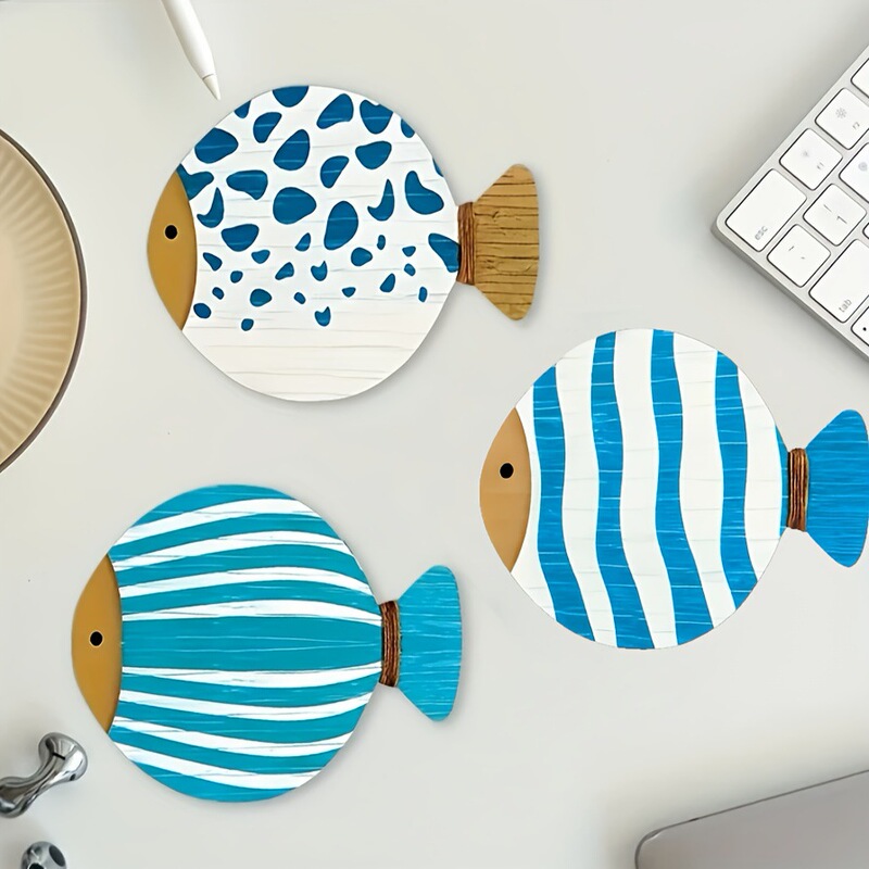 Interesting Fish-Shaped Wooden Coasters - Bright Blue and White Patterns, Perfect for Coffee and Tea Lovers Interesting Fish-Shaped Wooden Coasters - Bright Blue and White Patterns, Perfect for Coffee and Tea Lovers