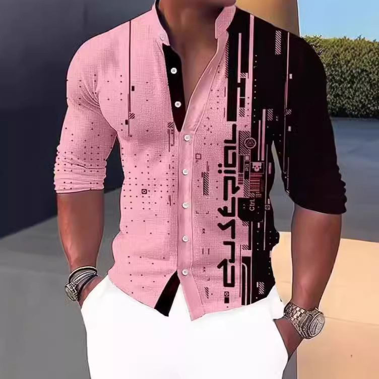 2025 Cross-Border Amazon Aliexpress Autumn Clothing 3D Printed Plaid Men's Long-Sleeved Shirt with Uv Protection