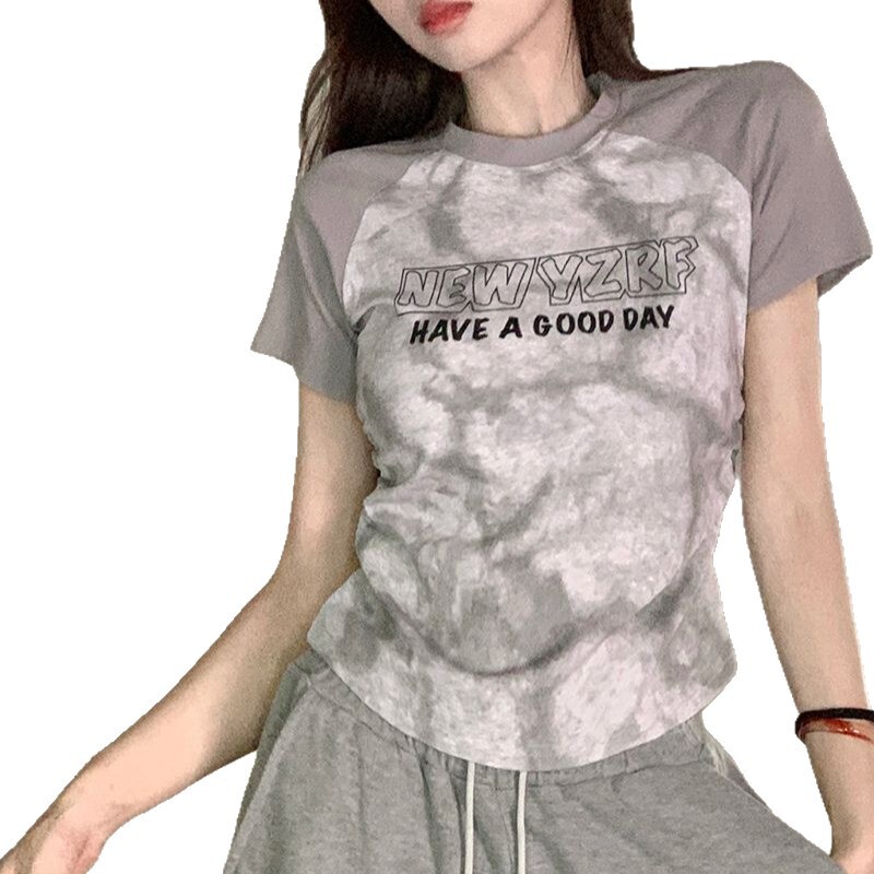 13ライン高品質タイダイラグランスリーブTシャツレディース半袖夏右肩ショートファッションヨーロッパトップス|undefined