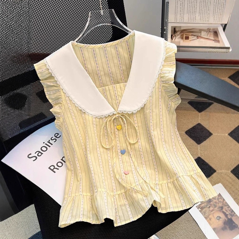 New Summer Flying Sleeve Petite Striped Plaid Shirt Sweet Navy Collar Lace-Up Bow Loose Top