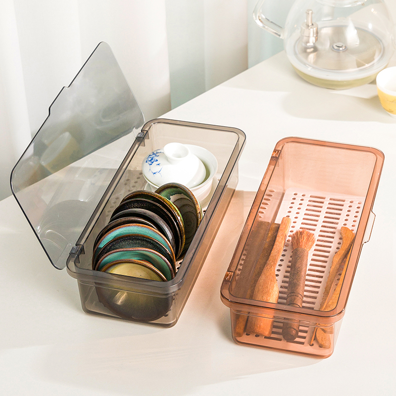 Tea Set Storage Box Desk Dustproof with Lid for Gongfu Tea Cups, Tea Ware Set, Tea Leaves Bowl, Home Accessories