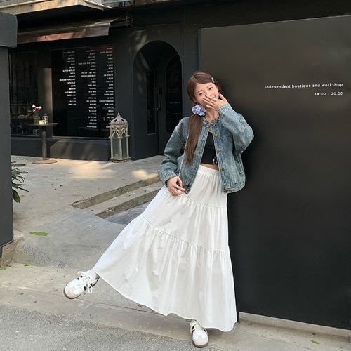 [Pocket model] White skirt, women's summer new style commuter big swing, medium and long skirt, slimming cake skirt