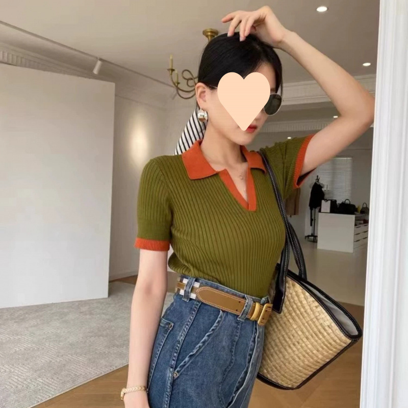 法式复古撞色领针织短袖正肩体恤女显瘦修身高级感夏季上衣|undefined