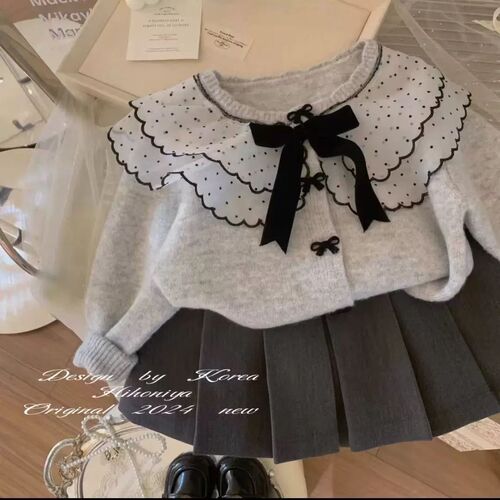 Children's and Girls' Butterfly Knot Cardigan Sweater Autumn and Winter Outfit Stylish Casual Spliced Collar Knit Jacket Top