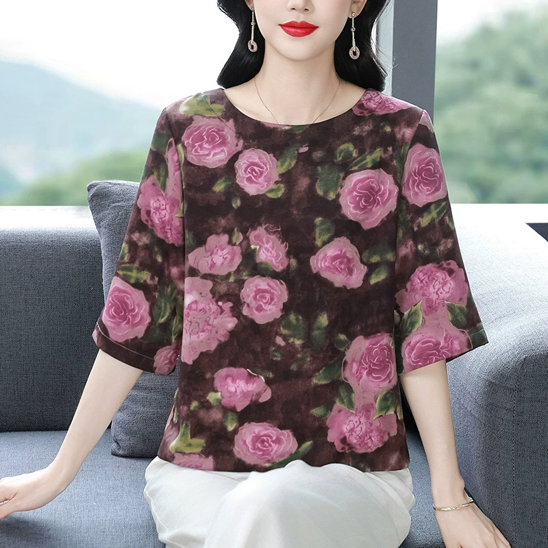 Настоящие фото весенне-летней летней одежды для мам среднего возраста, стильные шелковые топы, рубашки из тутового шелка, свободные футболки для женщин среднего и пожилого возраста.