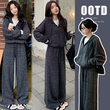 加绒新款秋冬软糯条纹休闲连帽卫衣外套+宽松直筒长裤孕妇套装