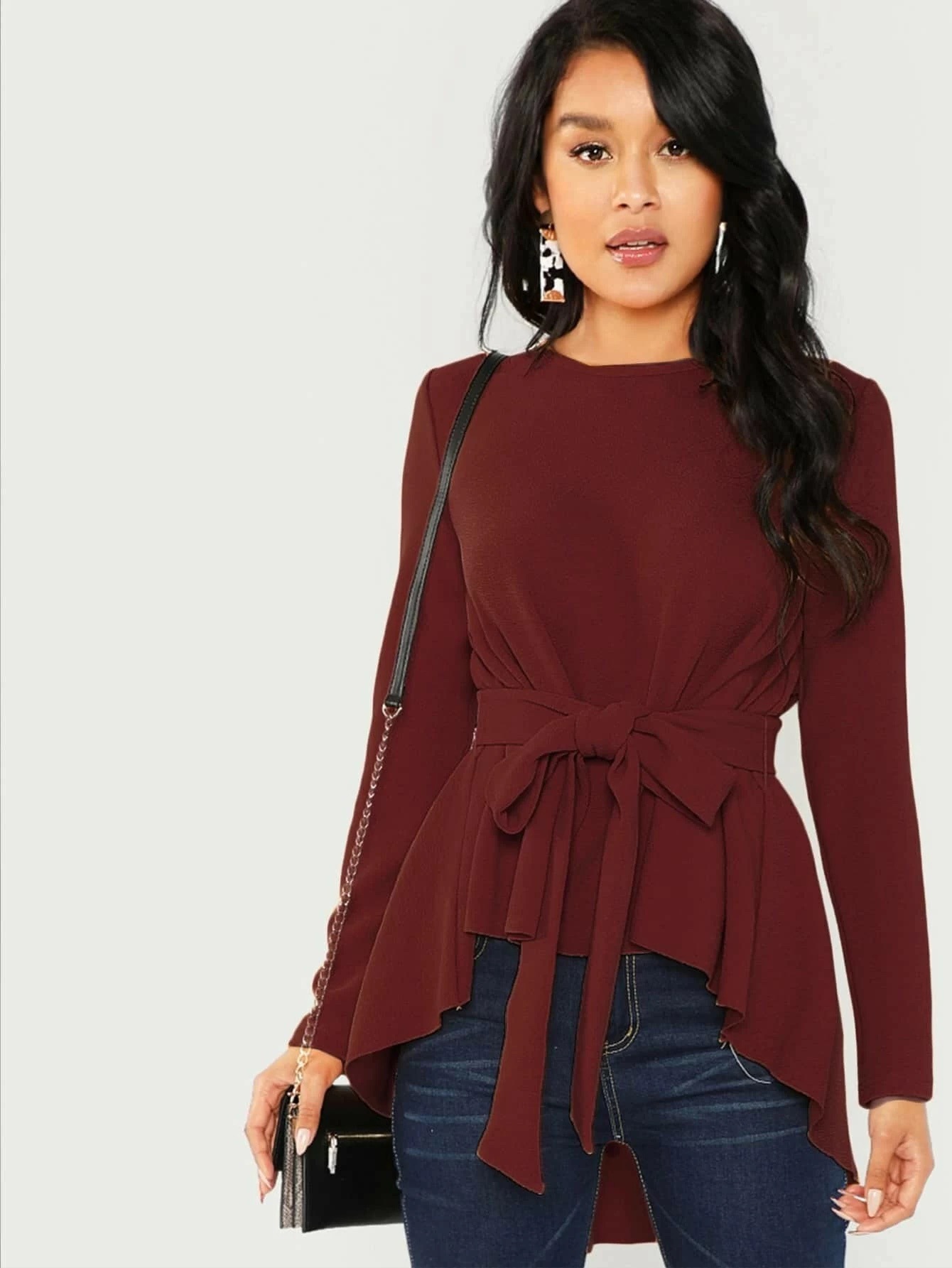 white long-sleeved round neck belted commuter top NSNCK118829