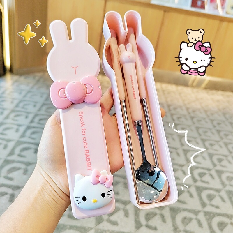 Cute Student Chopsticks and Spoon Three-Piece Set, High-Looking, Portable Stainless Steel Tableware Set, Children's Cartoon Outdoor Set