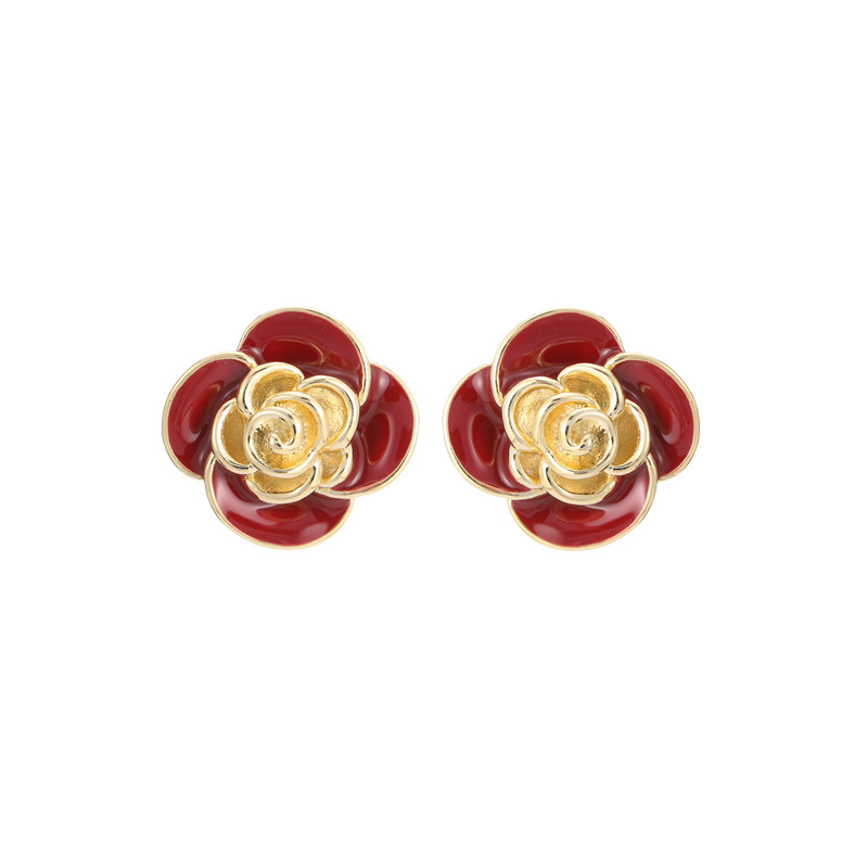 S925 Silver Needle Niche Premium Flower Earrings Ankola Red Camellia Stud Earrings_voghion.com